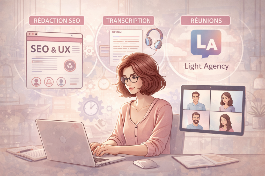 Illustration représentant une journée type d’une rédactrice SEO et transcriptrice travaillant à distance, dans un environnement moderne et apaisant, en accord avec une charte graphique douce et professionnelle.