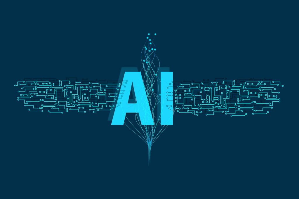 Illustration numérique symbolisant un logiciel d’intelligence artificielle, avec circuits électroniques et branchements connectés autour des lettres "AI"