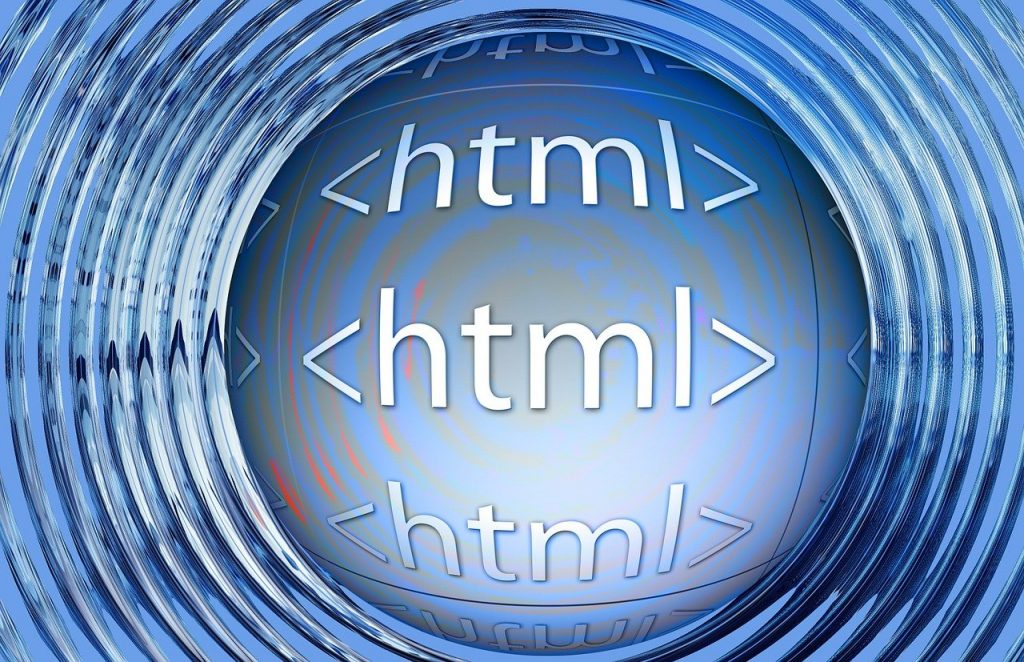 Illustration numérique stylisée représentant le mot "<html>" à plusieurs reprises, symbolisant les Balises HTML utilisées dans le codage et la structure des pages web.