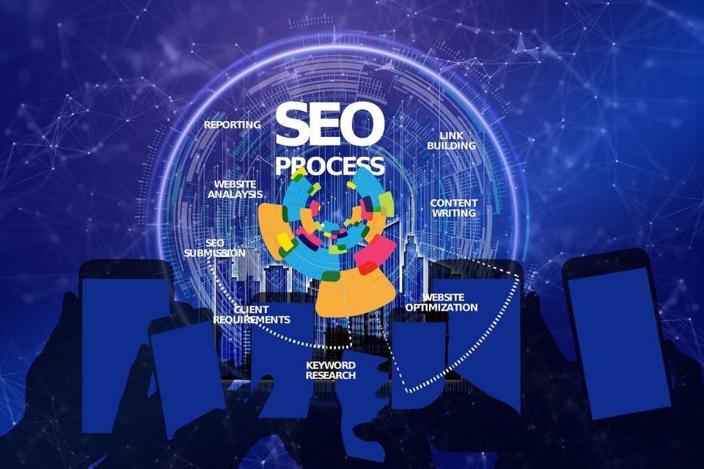 Illustration représentant les différentes étapes du référencement naturel, incluant l’analyse de site web, la recherche de mots-clés, l’optimisation, la rédaction de contenu et le netlinking, sur un fond numérique bleu.