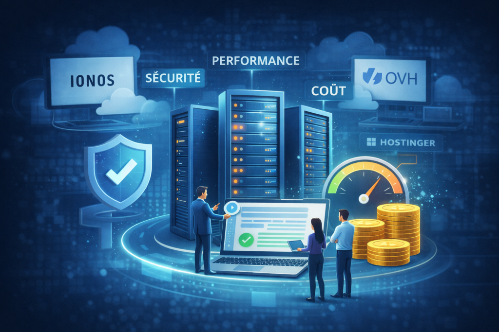 Illustration représentant le choix d’un hébergeur web, avec des serveurs, des icônes de sécurité, de performance et de coût, et les noms IONOS, OVH et Hostinger en arrière-plan.