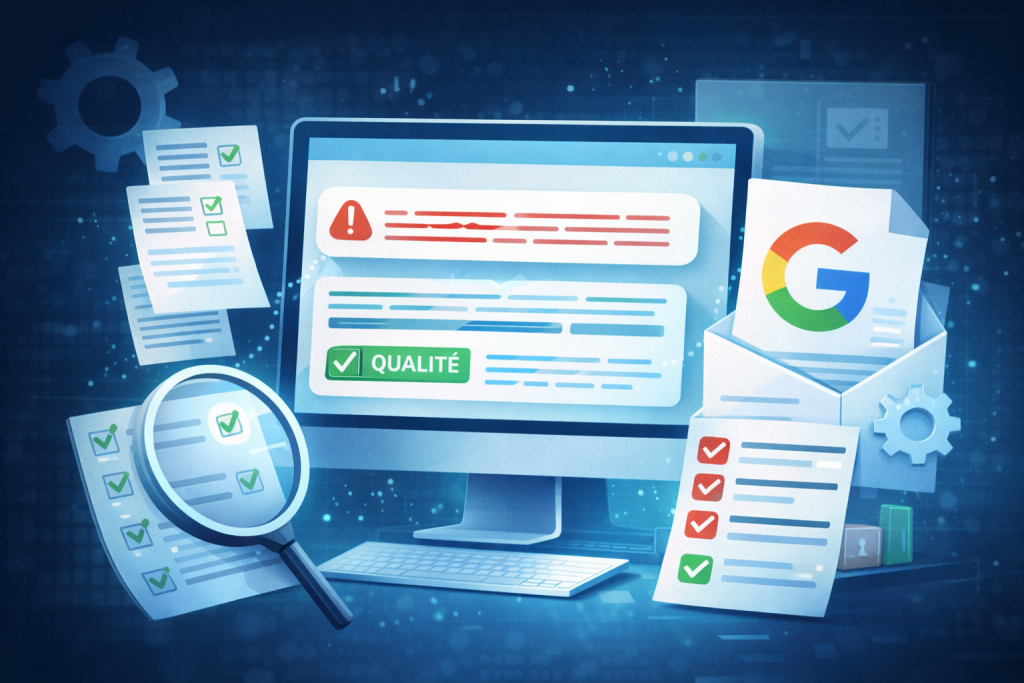 Illustration reprĂ©sentant lâimpact du Helpful Content Update de Google, avec un Ă©cran affichant des contenus validĂ©s ou rejetĂ©s selon leur qualitĂ©, symbolisant lâimportance des contenus utiles pour le rĂ©fĂ©rencement.