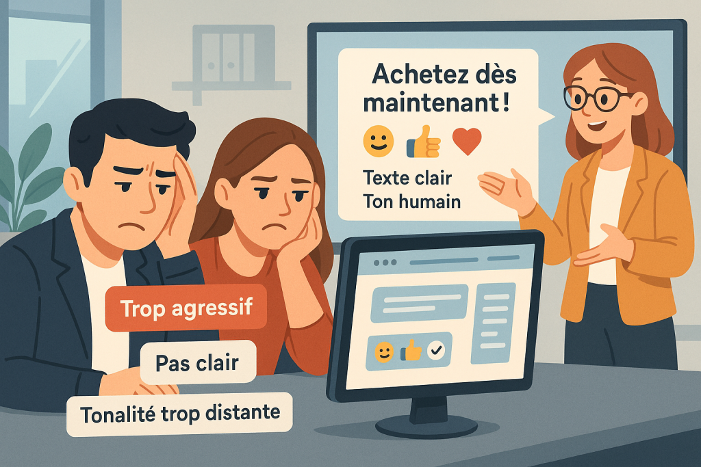 Illustration dâun bureau moderne avec deux entrepreneurs, un homme et une femme, assis devant un Ă©cran dâordinateur, lâair prĂ©occupĂ©. Des bulles de texte montrent des critiques comme « Trop agressif », « Pas clair », et « TonalitĂ© trop distante ». Ă cĂŽtĂ© dâeux, une collĂšgue souriante prĂ©sente une version plus engageante dâun message marketing sur un Ă©cran : « Achetez dĂšs maintenant ! » accompagnĂ© dâemojis et de commentaires positifs comme « Texte clair » et « Ton humain ».