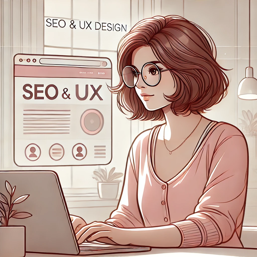 Illustration d'une rédactrice web et SEO aux cheveux auburns courts et bouclés, portant des lunettes rondes et un sweat rose, travaillant sur un ordinateur portable de chez elle dans un espace digital stylisé, représentant le lien entre SEO et UX en 2025.