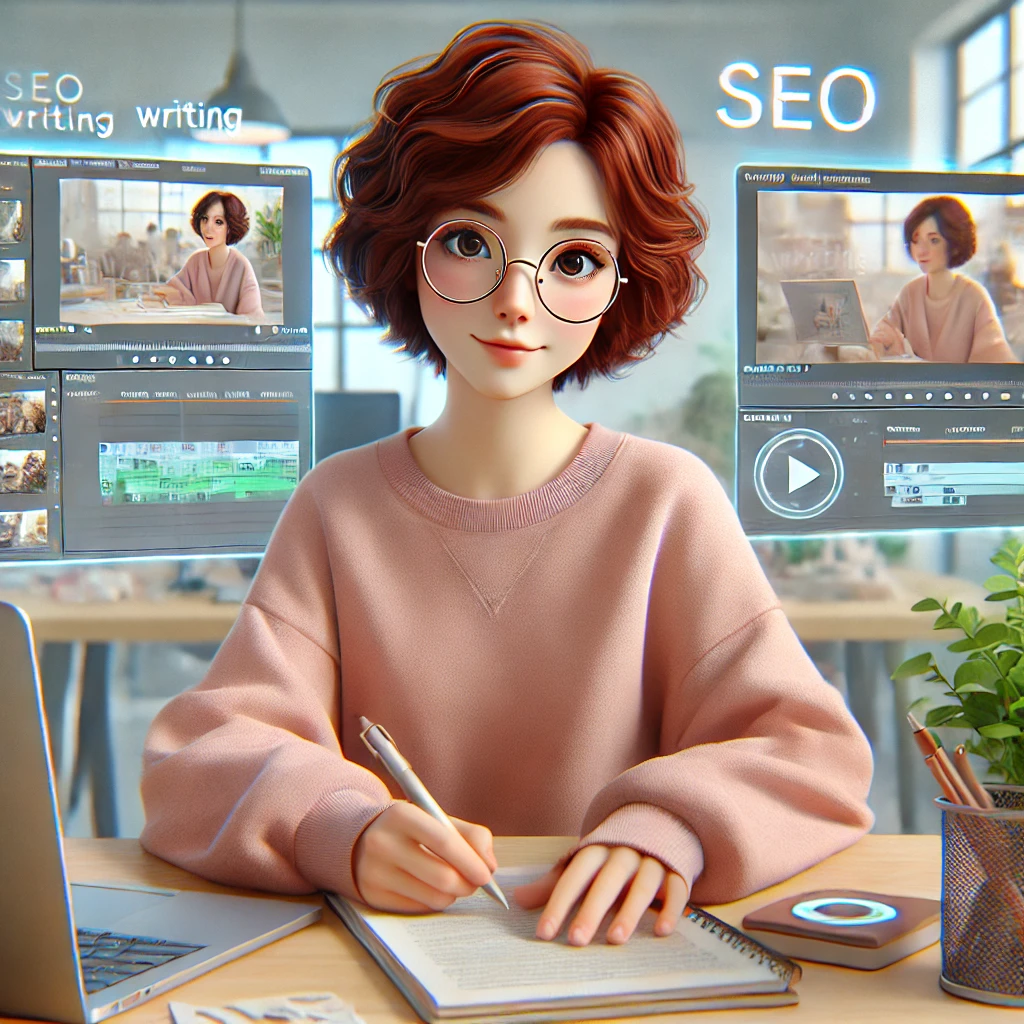 Illustration d'une rédactrice web aux cheveux auburn, coupe carrée bouclée, portant des lunettes rondes et un sweat rose. Elle travaille sur un ordinateur dans un espace de création numérique, entourée d’écrans affichant des mots-clés liés au SEO, à l'écriture et à la vidéo. L’univers visuel met en scène la convergence entre rédaction, optimisation pour les moteurs de recherche et contenus multimédias en 2025.
