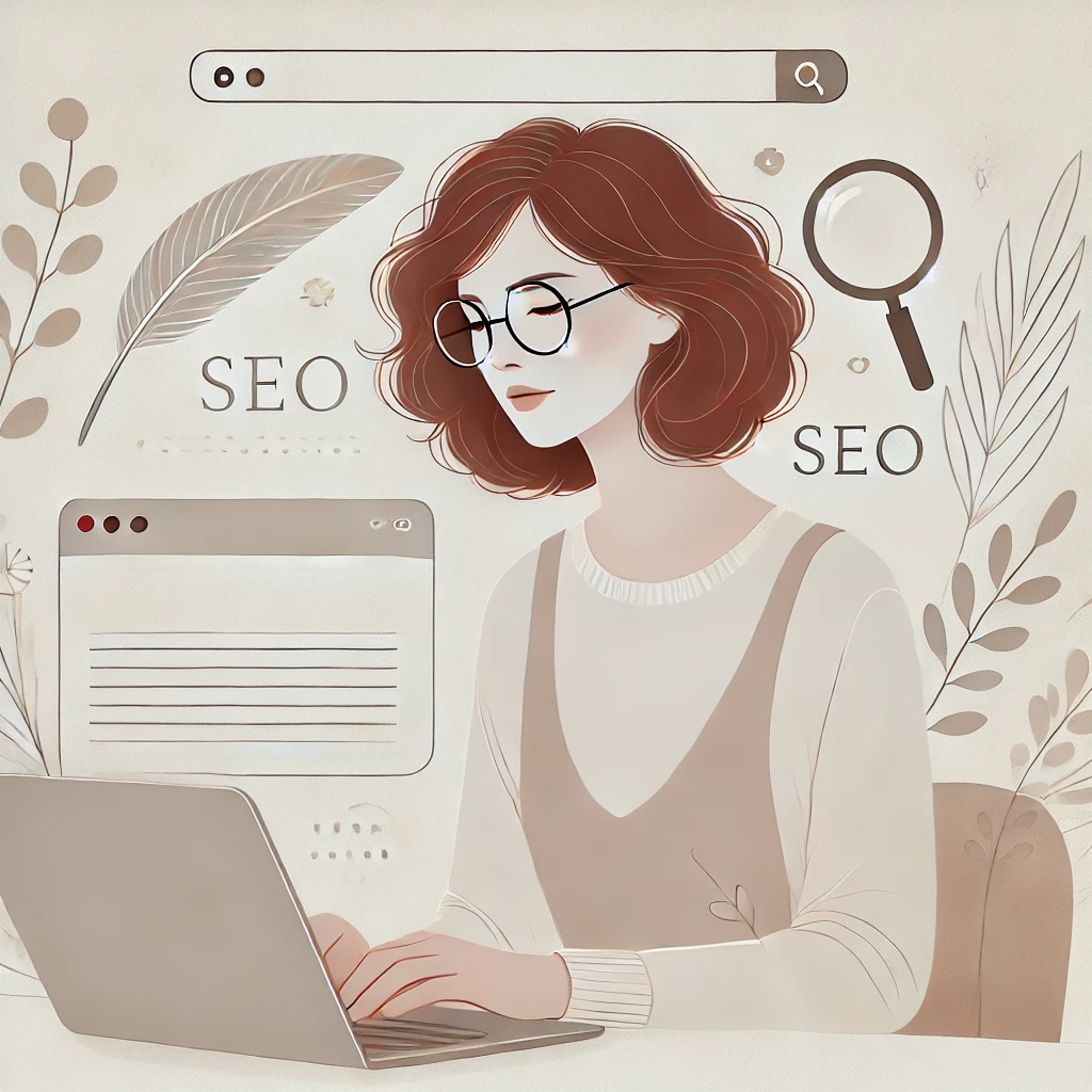 Illustration minimaliste d'une rédactrice web concentrée, écrivant sur un ordinateur portable, représentant l'importance du storytelling en rédaction SEO en 2025.