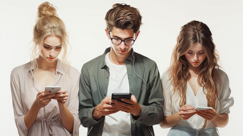 Trois jeunes adultes concentrés sur leurs smartphones, illustrant l’importance croissante du mobile-friendly dans la navigation web.