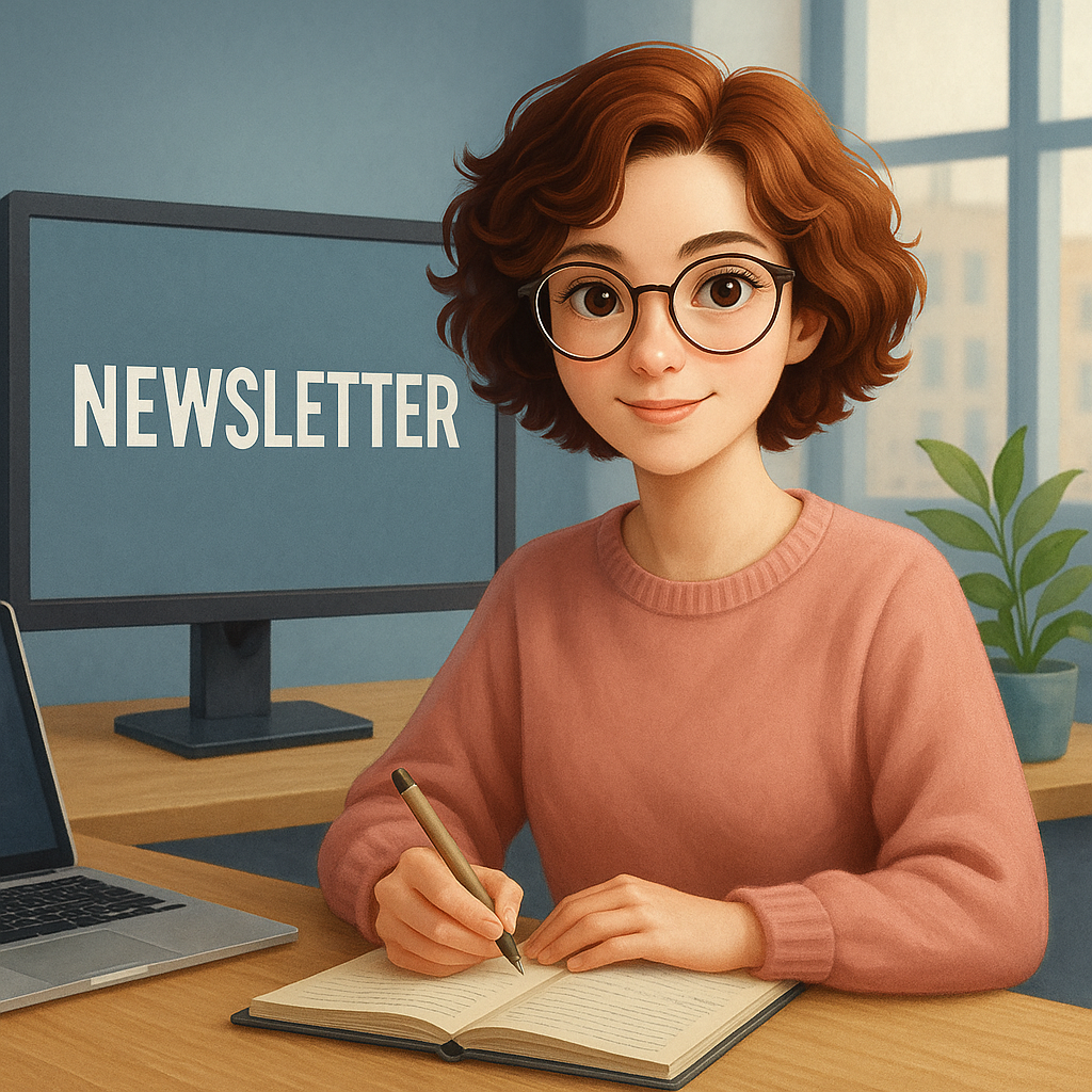 Illustration d’une rédactrice web et SEO avec des cheveux auburn bouclés, portant des lunettes rondes et un pull rose pâle, assise à un bureau en bois clair. Elle écrit dans un carnet, un stylo à la main, devant un ordinateur portable et un écran sur lequel le mot “NEWSLETTER” est affiché en lettres capitales. L’arrière-plan montre une grande fenêtre avec vue sur des immeubles, et une plante verte en pot apporte une touche naturelle à l’espace de travail. L’ambiance est calme, professionnelle et chaleureuse.