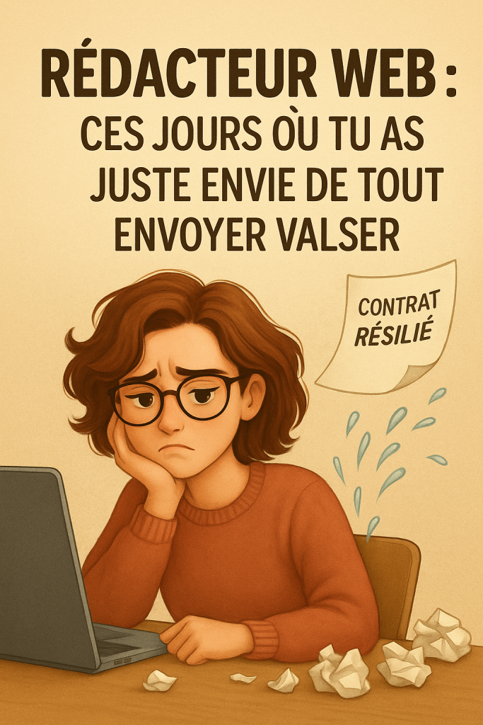 Une rédactrice web rousse en pull rose est assise à son bureau, un carnet ouvert devant elle. Sur son écran d’ordinateur, une fenêtre de visioconférence est visible, affichant un homme en costume. À droite, un message manuscrit s'affiche sur un fond clair : « Votre rédacteur vous rend un texte à côté de la plaque ? 👉 Le problème vient (souvent) du brief. » En bas à droite, l’adresse mail lightagency@outlook.fr est lisible. L’ambiance est calme, soignée, avec une touche chaleureuse.