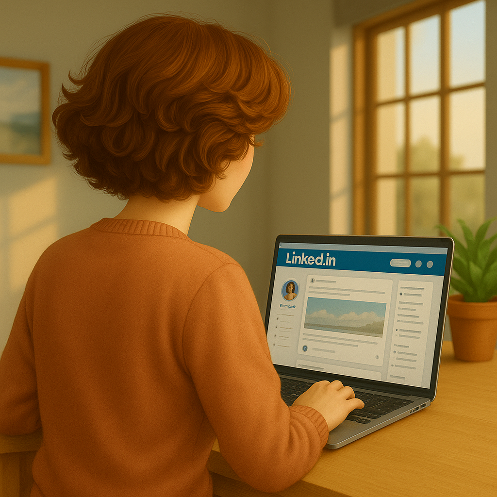 Illustration dâune rĂ©dactrice web et SEO de dos, aux cheveux chĂątains et bouclĂ©s, assise Ă un bureau et tapant sur un ordinateur portable. LâĂ©cran affiche un post LinkedIn. Lâambiance est calme et professionnelle, avec une lumiĂšre naturelle et des tons doux. La scĂšne Ă©voque le travail de rĂ©daction ou de crĂ©ation de contenu pour LinkedIn.