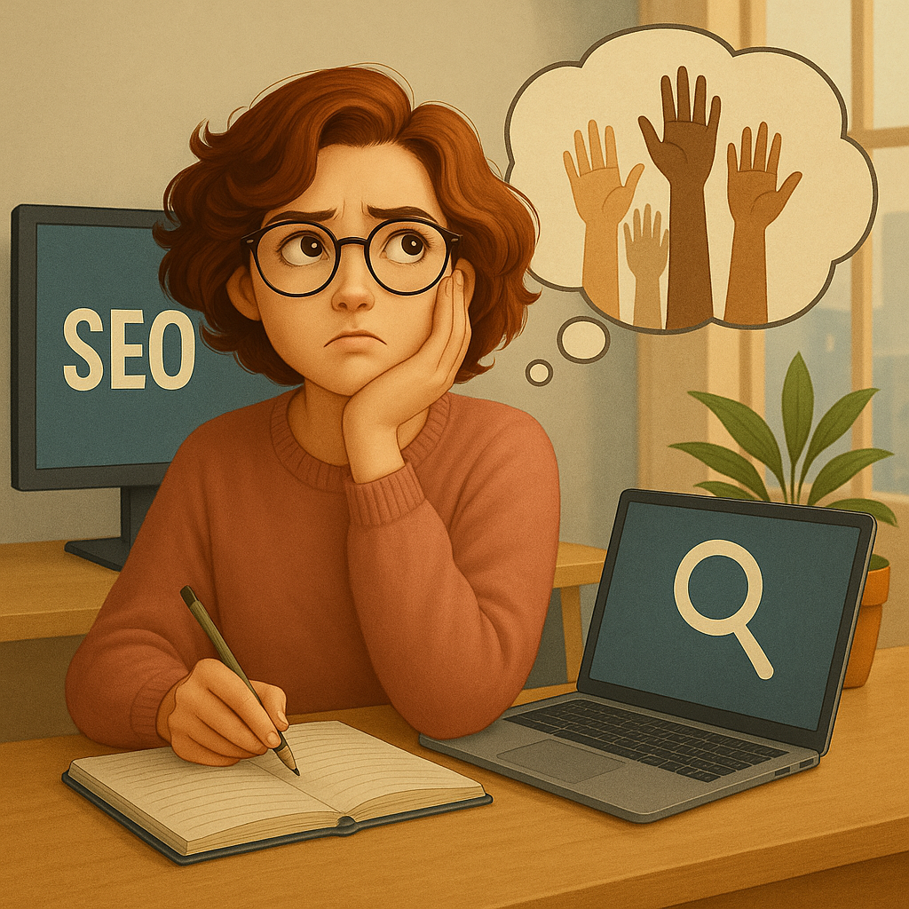 Rédactrice web et SEO songeuse, assise à son bureau, écrivant dans un carnet avec un ordinateur affichant "SEO" à côté d'elle, tandis qu'une bulle de pensée montre plusieurs mains levées symbolisant la diversité et l'interrogation sur l'accessibilité de la rédaction SEO.