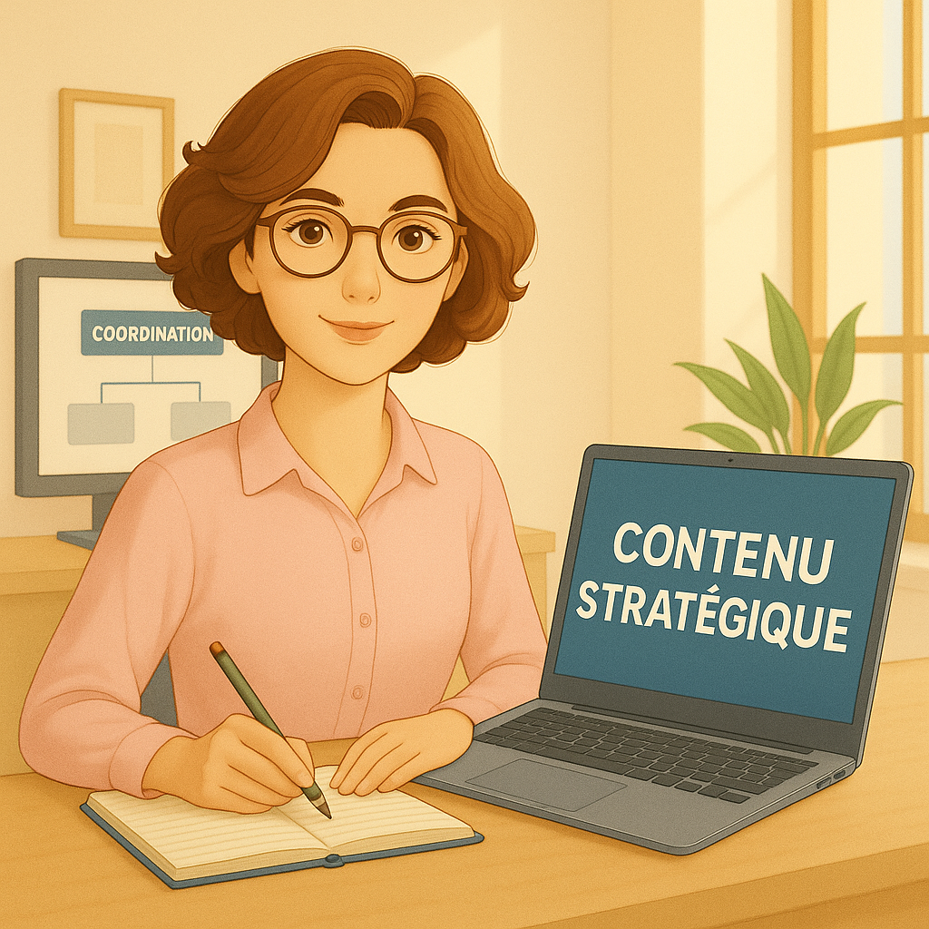Rédactrice web professionnelle assise à son bureau, portant un chemisier rose, écrivant dans un carnet. Un ordinateur affiche "Contenu stratégique" et un second écran montre un schéma intitulé "Coordination". La scène est baignée de lumière naturelle, évoquant rigueur et sérénité.