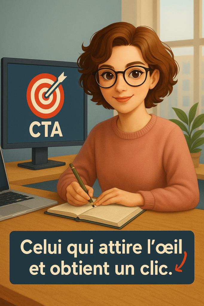 Illustration digitale d'une rédactrice web et SEO en pull rose, assise à un bureau en bois clair. Elle écrit dans un carnet face à un ordinateur affichant le mot “CTA” en lettres capitales. L’ambiance du bureau est lumineuse et professionnelle, avec une plante verte en arrière-plan. L’image illustre le travail de création de contenus efficaces pour le web, en particulier l’importance d’un appel à l’action bien pensé.