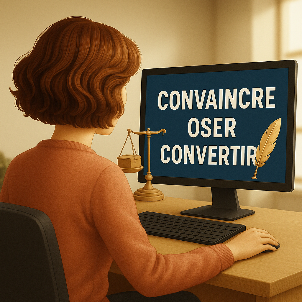 Illustration d'une rĂ©dactrice web de dos, assise Ă un bureau, concentrĂ©e face Ă un Ă©cran sur lequel apparaissent en grand des mots clĂ©s comme "Convaincre", "Oser", "Convertir". Une balance symbolique trĂŽne Ă cĂŽtĂ©, avec dâun cĂŽtĂ© une offre de service et de lâautre une plume, suggĂ©rant que le bon choix de mots peut influencer la voix de marque.
