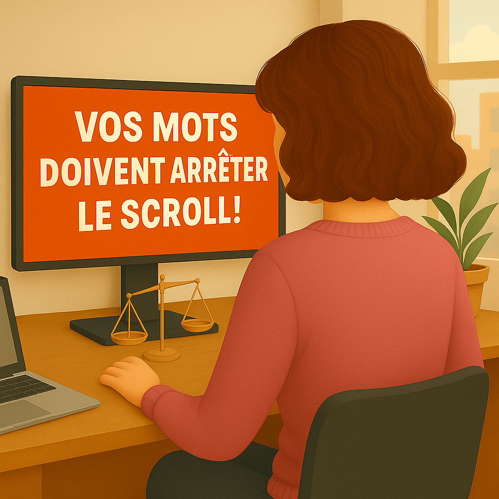 llustration d’une rédactrice web vue de dos, assise à son bureau, concentrée sur son écran d’ordinateur. Elle porte un pull rose et a les cheveux auburn, coupés au carré et légèrement ondulés. Sur l’écran, s’affiche le message "Vos mots doivent arrêter le scroll !" en lettres bien visibles. L’ambiance est lumineuse, professionnelle et moderne, illustrant le pouvoir du copywriting dans un univers numérique saturé de contenus.