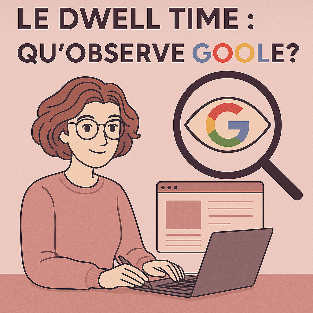 Illustration d’une rédactrice web souriante, assise à son bureau avec un ordinateur portable ouvert. À droite, une loupe stylisée avec un œil au centre contenant le logo de Google, symbolisant l’analyse du comportement des internautes. En haut de l’image, le titre "Le Dwell Time : qu’observe Google ?" met en avant le thème du référencement naturel. Visuel en tons rosés, cohérent avec la charte graphique de Light Agency.