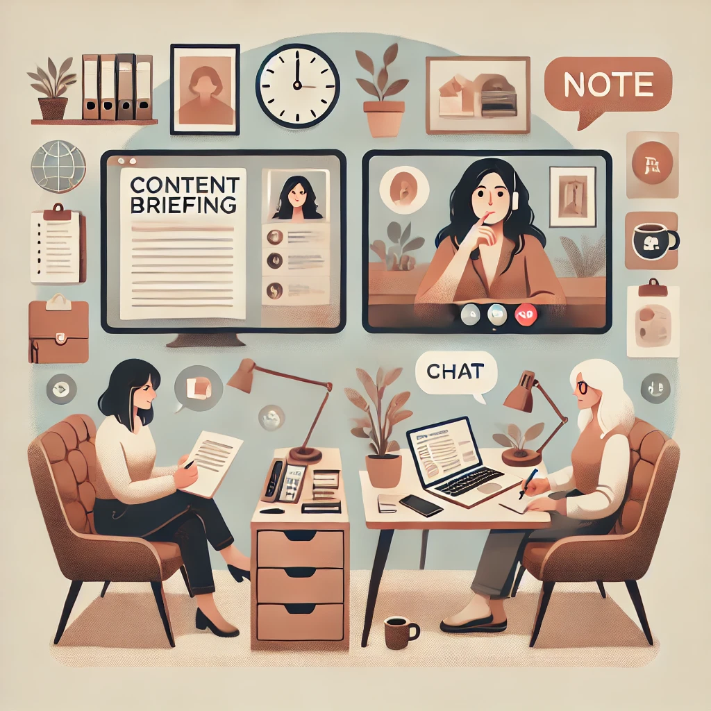Illustration d’une visioconférence entre un client et un rédacteur web, représentant un échange de brief de contenu à distance dans un style graphique moderne et épuré.