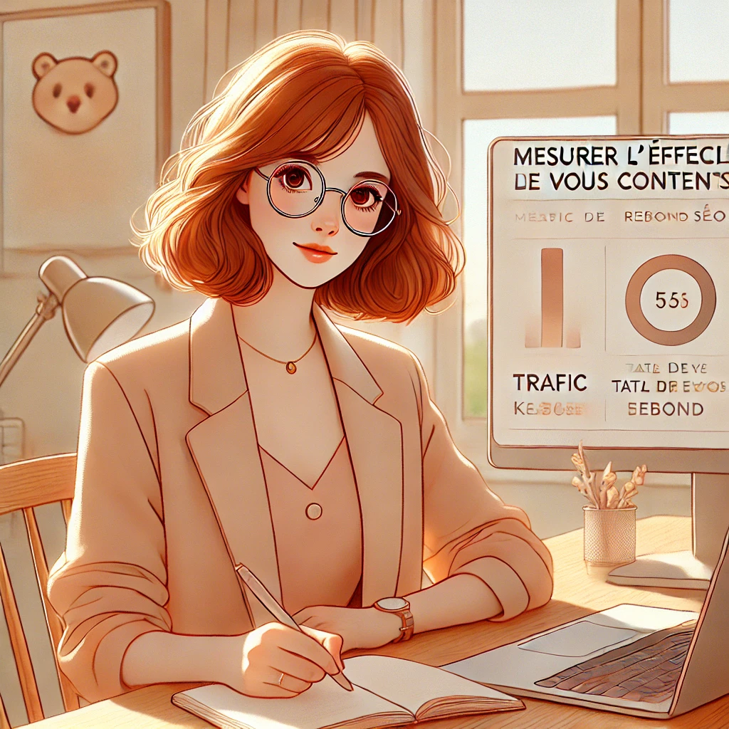 Illustration d’une rédactrice web avec des cheveux auburn mi-longs et des lunettes, assise à son bureau en train d’écrire dans un carnet. Un ordinateur portable affiche le texte « Mesurer l’efficacité de vos contenus », et un écran en arrière-plan montre des KPIs comme le trafic, le taux de rebond et le classement SEO. L’ambiance est lumineuse, professionnelle et chaleureuse, avec des tons pastel