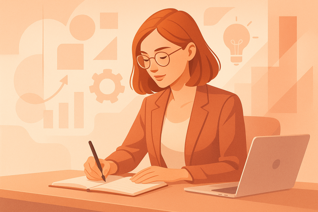 Illustration éditoriale en tons pastel chauds d'une jeune femme professionnelle avec des lunettes et des cheveux mi-longs, écrivant dans un carnet à son bureau, avec un ordinateur portable ouvert. En arrière-plan : icônes stylisées représentant des graphiques SEO, une roue dentée et une ampoule, symbolisant stratégie, idées et performance.