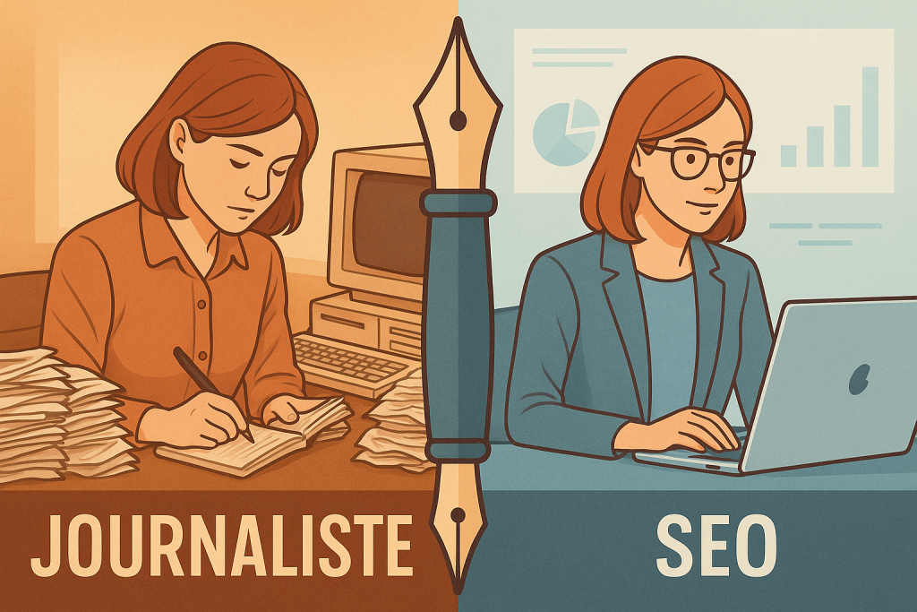 Illustration comparant un journaliste et un rédacteur SEO. À gauche, une femme journaliste écrit sur un carnet entourée de piles de papiers et d’un vieil ordinateur, sur un fond aux tons chauds. À droite, une femme rédactrice SEO travaille sur un ordinateur portable, avec des graphiques en arrière-plan, dans un environnement moderne aux tons froids. Les deux sont séparées par un stylo plume stylisé au centre.