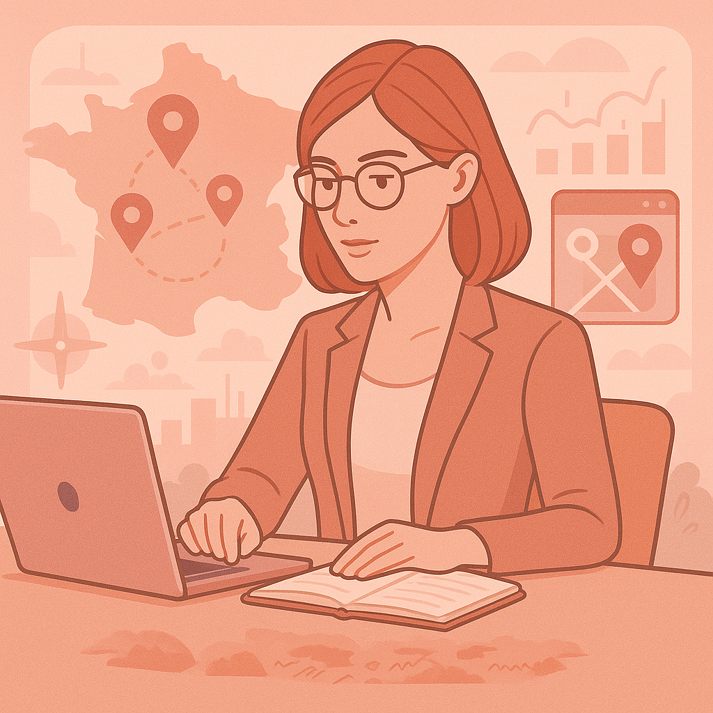 Illustration vectorielle d’une femme travaillant sur un ordinateur portable, représentant une spécialiste en publicité géolocalisée. En arrière-plan : carte stylisée avec icône de localisation, graphique de croissance, icône smartphone avec mention "AD" et bulle de dialogue, le tout dans des tons chauds orangés et bruns, cohérents avec une charte graphique digitale professionnelle.