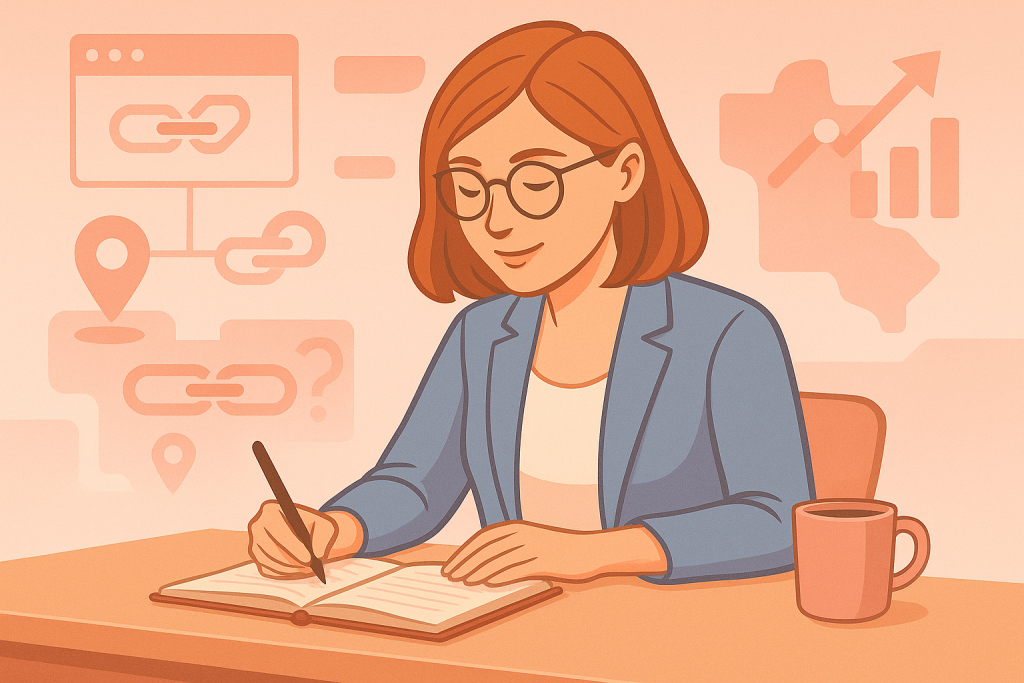 Illustration digitale en style flat design représentant une rédactrice web concentrée devant son ordinateur portable. Elle porte une veste bleue et tient un stylo au-dessus d’un carnet ouvert. À côté, une tasse de café est posée sur le bureau. En arrière-plan, des icônes suggèrent le référencement local et les backlinks (maillage de liens, géolocalisation). L’ensemble de l’image utilise une palette de tons orangés et rosés avec des touches de bleu, conforme à une charte graphique douce et professionnelle.