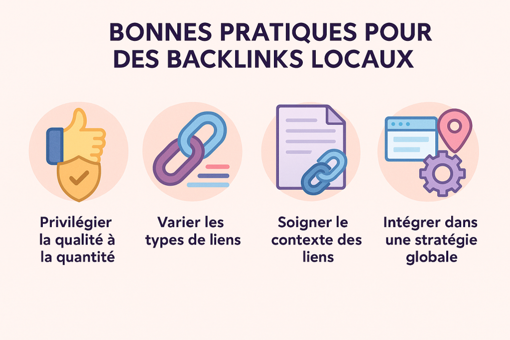 Infographie illustrée présentant les bonnes pratiques pour des backlinks locaux : privilégier la qualité à la quantité avec une icône de pouce levé et bouclier, varier les types de liens avec des maillons colorés, soigner le contexte des liens avec un document accompagné d’un maillon, intégrer dans une stratégie globale avec un écran, une icône de géolocalisation et un engrenage. Palette dans les tons rose, violet et bleu.