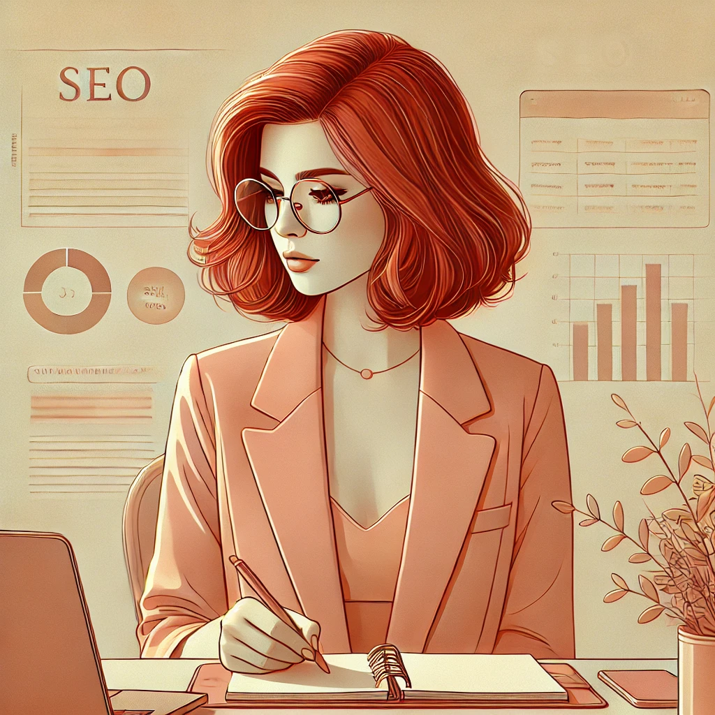 Illustration Ă©ditoriale dâune rĂ©dactrice web professionnelle assise Ă son bureau, en train dâĂ©crire dans un carnet. Elle porte un blazer pĂȘche et des lunettes rondes. Sa chevelure rousse et ondulĂ©e encadre un visage concentrĂ©. En arriĂšre-plan, des Ă©lĂ©ments graphiques Ă©voquent le SEO et la stratĂ©gie de contenu, dans une ambiance douce et chaleureuse.
