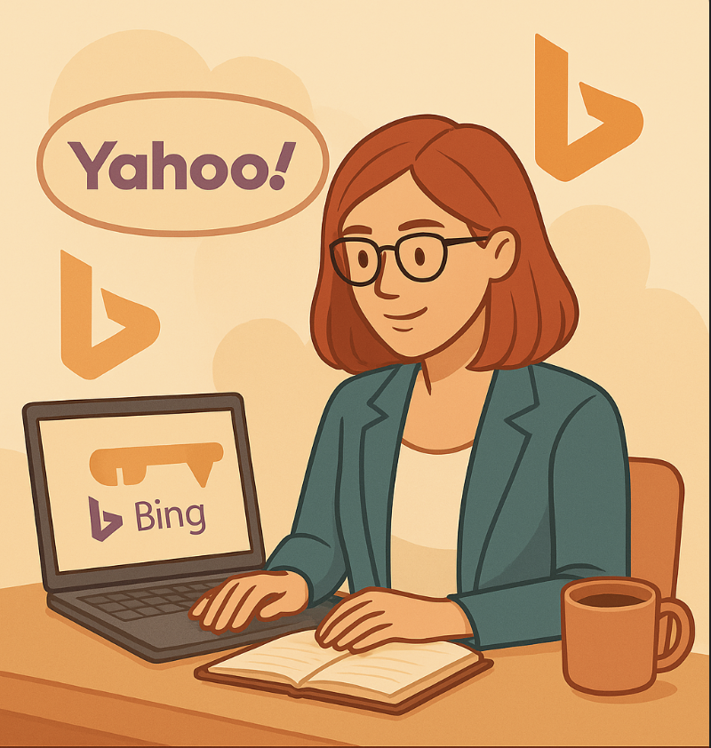 Illustration d’une rédactrice web et SEO rousse en veste bleue tapant sur un ordinateur portable affichant le logo Bing, avec les logos de Bing et Yahoo ! flottant autour d’elle. Elle est assise à un bureau avec un carnet ouvert et une tasse de café. L’ambiance visuelle évoque le SEO et l’optimisation de contenus pour d’autres moteurs de recherche que Google.