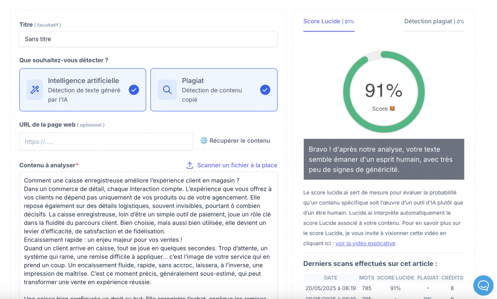 Capture d’écran de l’interface Lucide.ai. À droite, un cercle vert affiche un score de 91 % indiquant que le texte semble « émaner d’un esprit humain ». À gauche, un texte marketing sur l’expérience client en magasin est inséré dans le champ d’analyse. Des options pour détecter l’IA et le plagiat sont cochées.