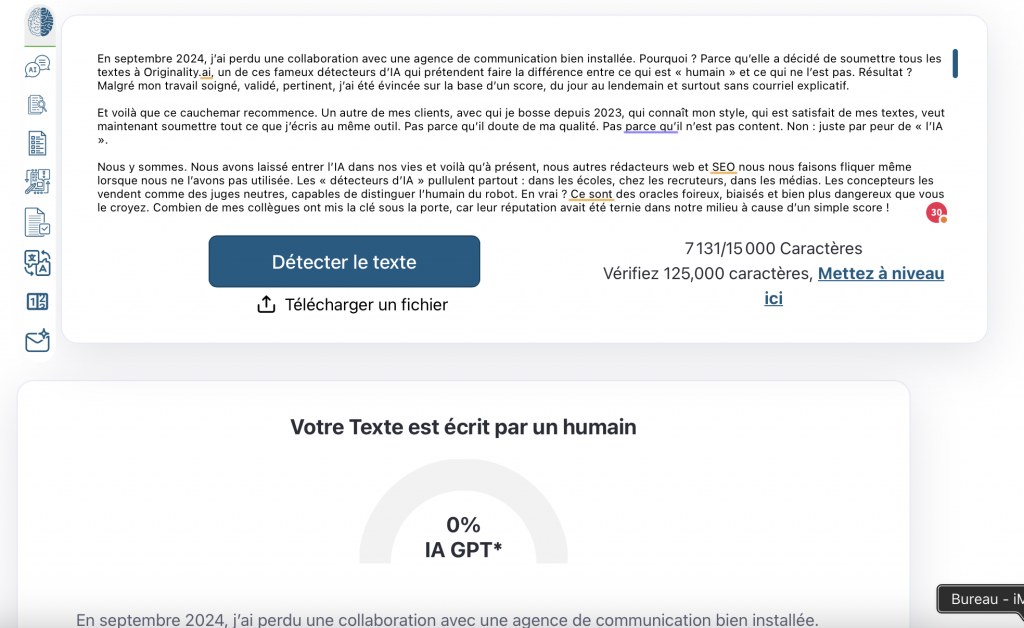 Capture d’écran d’un outil de détection d’IA en français. Le texte scanné est reconnu comme 0 % généré par une IA. Un encadré central affiche : « Votre texte est écrit par un humain ». Un extrait d’article est visible, parlant des dérives des détecteurs d’IA. Le compteur indique 7131 caractères utilisés sur 15 000 autorisés.