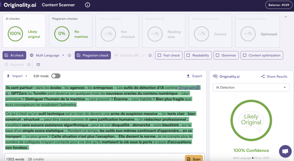 Capture d’écran de l’interface Originality.ai montrant une détection “Likely Original” à 100 % pour un texte long. Aucun plagiat détecté. Le texte analysé est mis en évidence avec des segments surlignés, et les résultats affichent une forte originalité supposée.