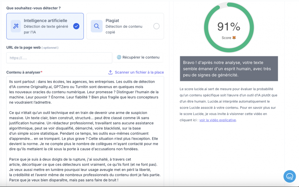 Capture d’écran de l’outil Lucide.ai évaluant un texte avec un score de 91 %, signalant une écriture très probablement humaine. Le texte analysé apparaît à gauche, tandis que le score est affiché en grand à droite dans un cercle vert.