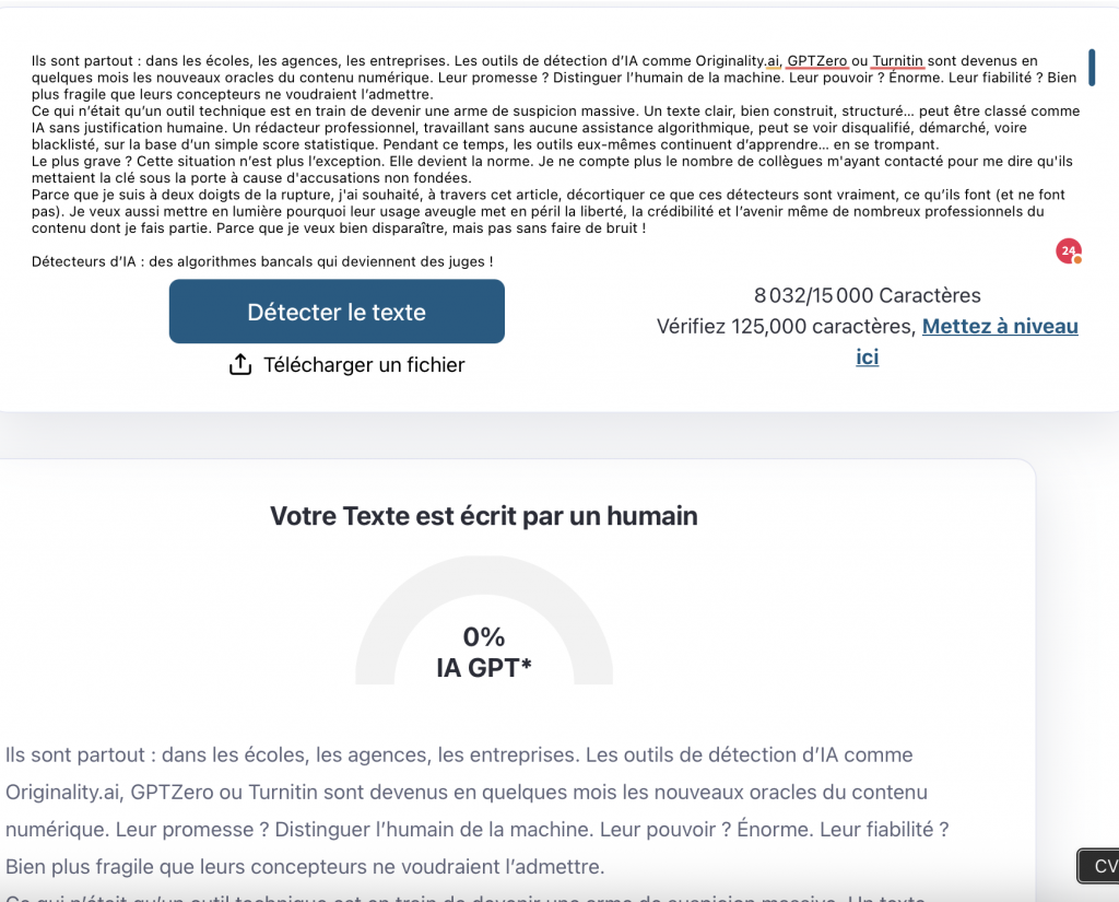 Capture d’un détecteur d’IA affirmant que le texte analysé est écrit par un humain à 100 %, sans trace de génération par IA. Une bannière confirme le résultat, avec un score “0 % IA GPT” en bas de page.