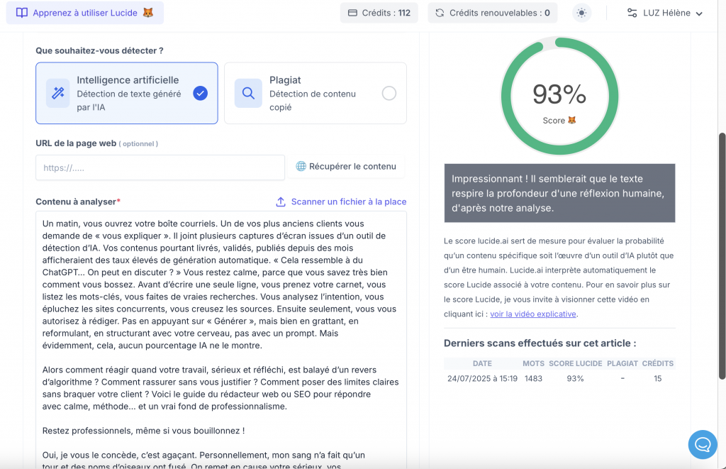 Capture d’écran de l’analyse du texte via la plateforme Lucide.ai. Le contenu reçoit un score de 93 %, indiquant qu’il « respire la profondeur d’une réflexion humaine ». La section de gauche montre l’extrait analysé, tandis que la partie droite affiche le commentaire positif de l’outil, soulignant la qualité humaine du texte.