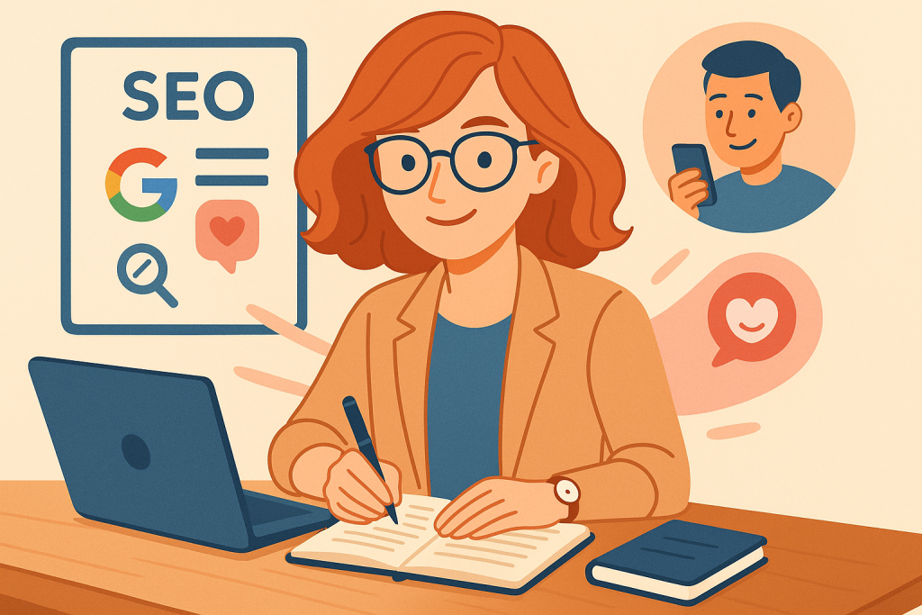 Rédactrice web SEO écrivant dans un carnet, avec un ordinateur portable et un tableau SEO en arrière-plan. Une bulle montre un lecteur souriant sur son téléphone, illustrant l’effet humain d’un contenu "hug-friendly".
