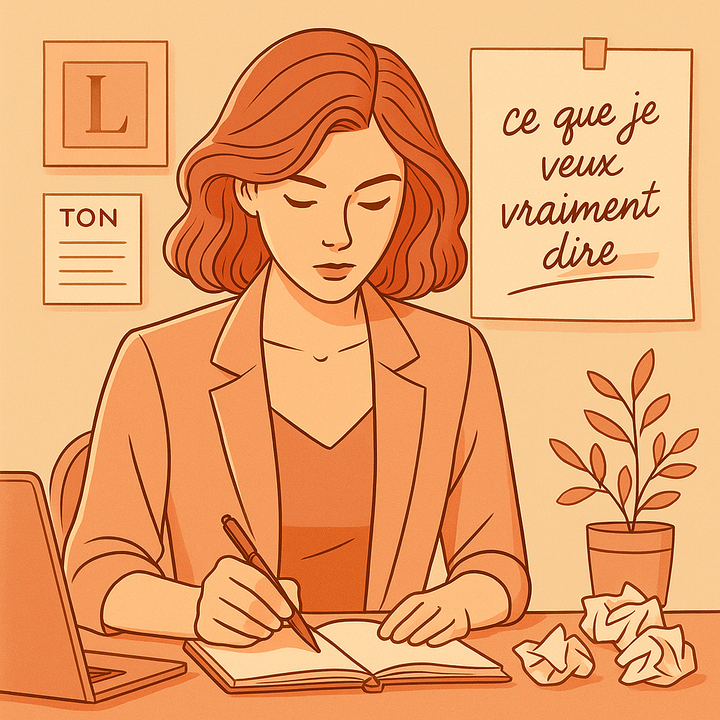 Illustration digitale en tons vieux rose et orange doux montrant une femme concentrée à son bureau, en train d’écrire dans un carnet. Autour d’elle, des éléments visuels suggèrent un travail de réflexion sur l’identité de marque : feuilles manuscrites, documents graphiques esquissés, ambiance feutrée et professionnelle. L’image évoque la création d’un contenu authentique, aligné et incarné.