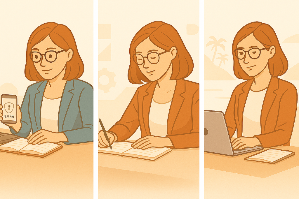  Triptyque illustré représentant une rédactrice SEO nomade en situation de travail : à gauche, elle sécurise ses données avec une authentification à deux facteurs ; au centre, elle rédige à la main devant son ordinateur portable ; à droite, elle analyse des résultats SEO dans un environnement connecté, sur fond de carte et d’éléments graphiques. L’ensemble, en style flat design, symbolise l’agilité, la sécurité et la diversité des lieux de travail pour les professionnels du SEO.