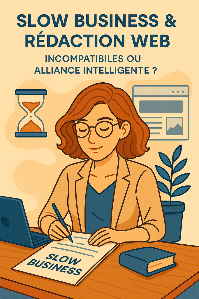 Illustration stylisĂ©e reprĂ©sentant une rĂ©dactrice web concentrĂ©e sur son travail, assise Ă son bureau avec un ordinateur portable et un carnet. Lâambiance graphique est douce, avec des teintes chaudes et des touches de bleu. Ă lâarriĂšre-plan, des icĂŽnes symbolisent la stratĂ©gie, la croissance et la rĂ©flexion. Lâimage Ă©voque la notion de "slow business" alliĂ©e Ă une rĂ©daction web rĂ©flĂ©chie, efficace et humaine.