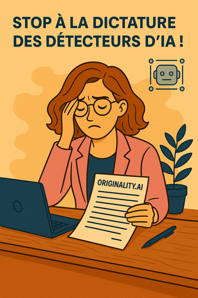 Illustration d’une femme brune portant une veste rose, assise à un bureau avec un air préoccupé. Elle tient une feuille marquée "Originality.ai" devant un ordinateur portable, avec une plante en pot à côté. En haut de l’image figure le message en français : "STOP À LA DICTATURE DES DÉTECTEURS D’IA !" et une icône de robot stylisé. L’ensemble utilise une palette de couleurs chaudes et un style graphique rétro.