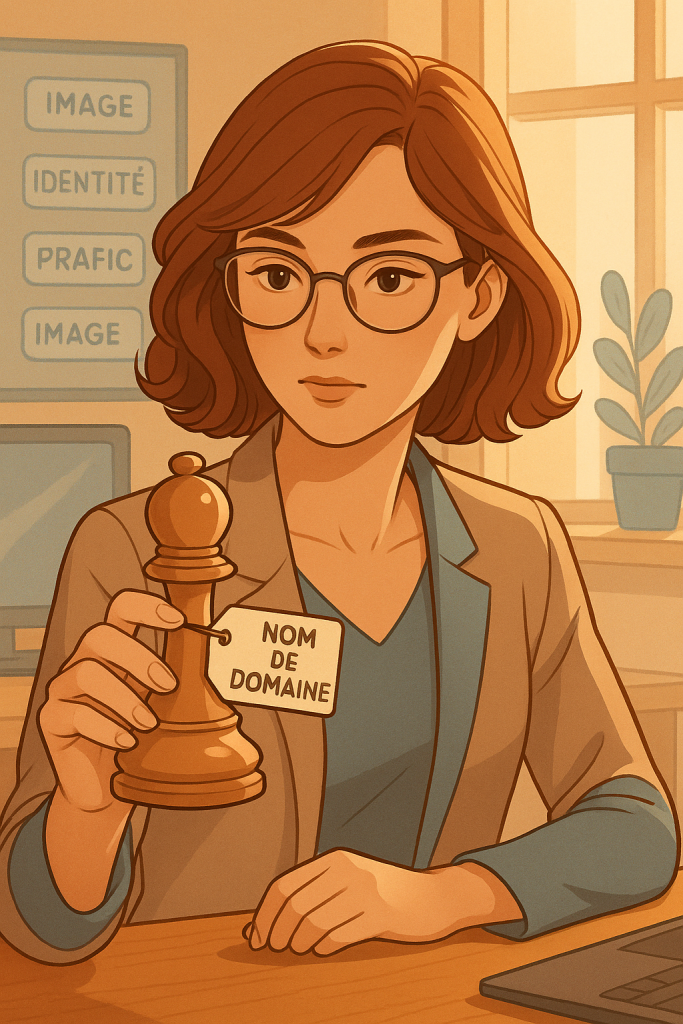 Illustration d'une femme professionnelle tenant une pièce d’échecs étiquetée “nom de domaine”, assise à un bureau dans une ambiance chaleureuse. L’image symbolise l’importance stratégique de conserver son nom de domaine pour protéger son identité numérique.