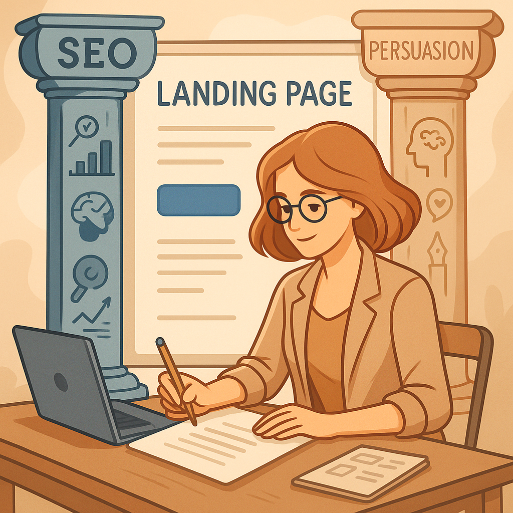 Illustration d’une femme rédigeant une landing page à son bureau, encadrée par deux piliers symboliques portant les inscriptions « SEO » et « Persuasion ». L’image met en avant l’équilibre entre stratégie de référencement et force du contenu dans la création d’une landing page efficace.