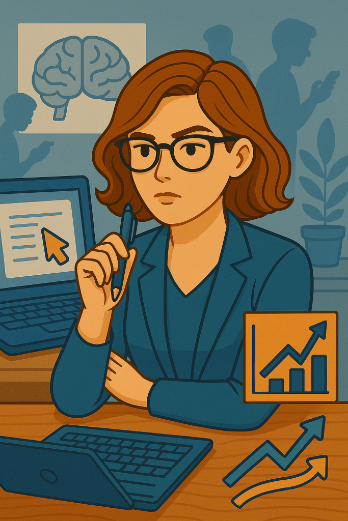 Illustration vectorielle dâune rĂ©dactrice web travaillant sur un ordinateur portable, assise Ă un bureau moderne, entourĂ©e dâĂ©lĂ©ments graphiques Ă©voquant la crĂ©ation de contenu et lâunivers digital.