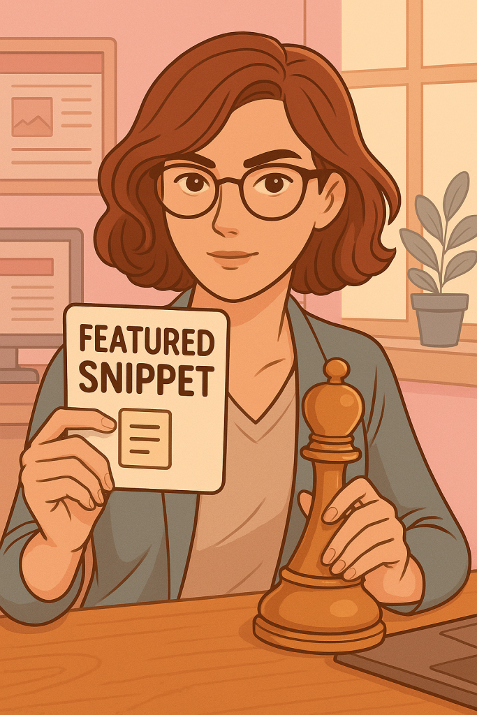 Illustration d'une rédactrice web et SEO aux cheveux bruns et lunettes, assise à un bureau lumineux. L’ambiance est professionnelle et douce, avec une palette chaleureuse teintée de rose. En premier-plan, un mots-clé comme « featured skippers » s’affiche sur un tableau, suggérant un univers lié à la stratégie de contenu ou au SEO.