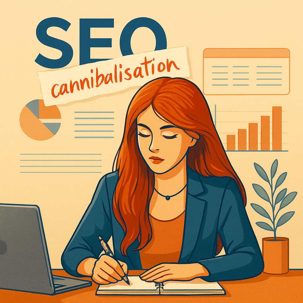 Illustration d’une rédactrice web aux cheveux longs, concentrée sur son travail à son bureau. Elle prend des notes devant un ordinateur portable, entourée de graphiques SEO et de données d’analyse. Le mot "Cannibalisation SEO" est mis en évidence, suggérant le thème du référencement naturel. Palette de couleurs chaudes et style graphique plat et professionnel.