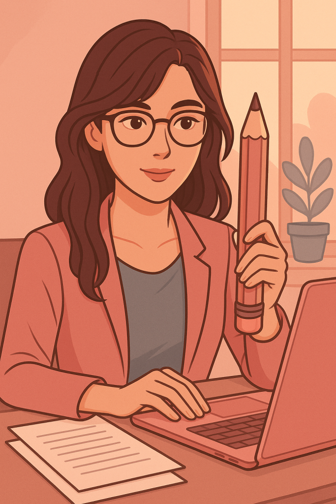 Illustration numĂ©rique d'une femme professionnelle aux cheveux bruns longs, portant des lunettes et un blazer rose. Elle est assise Ă un bureau avec un ordinateur portable rose et des feuilles de papier. Elle tient un grand crayon dans une main, symbole de son mĂ©tier liĂ© Ă lâĂ©criture. Lâambiance est chaleureuse, avec des tons doux rose et orangĂ©, et une plante en arriĂšre-plan devant une fenĂȘtre.