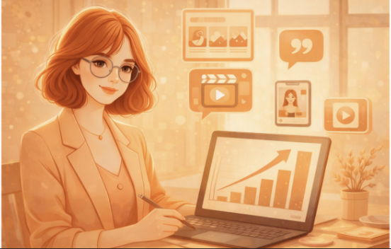 Illustration d’une rédactrice web et SEO travaillant sur un ordinateur, entourée d’icônes de snack content (vidéo, carrousel, citation), avec un graphique de visibilité en hausse, dans une ambiance douce aux tons pêche et dorés.