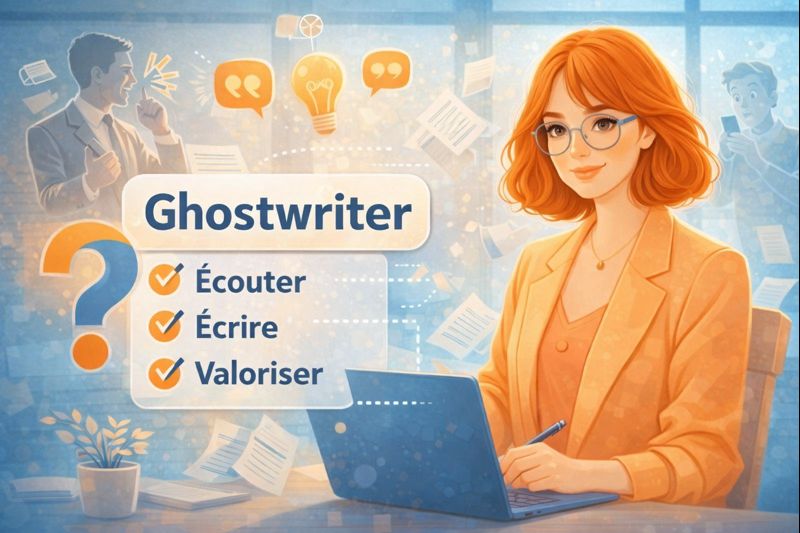 Illustration d’une ghostwriter travaillant sur un ordinateur portable, entourée d’éléments visuels représentant l’écriture, l’écoute et la valorisation de la parole d’autrui.