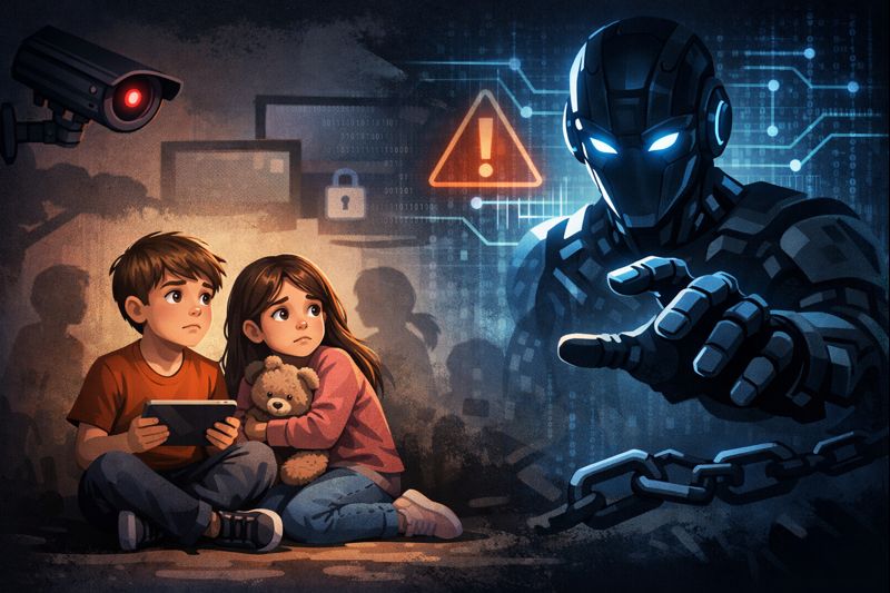 llustration montrant des enfants confrontés à une intelligence artificielle menaçante, questionnant si l’IA représente-t-elle un danger pour leur sécurité et leur bien-être.