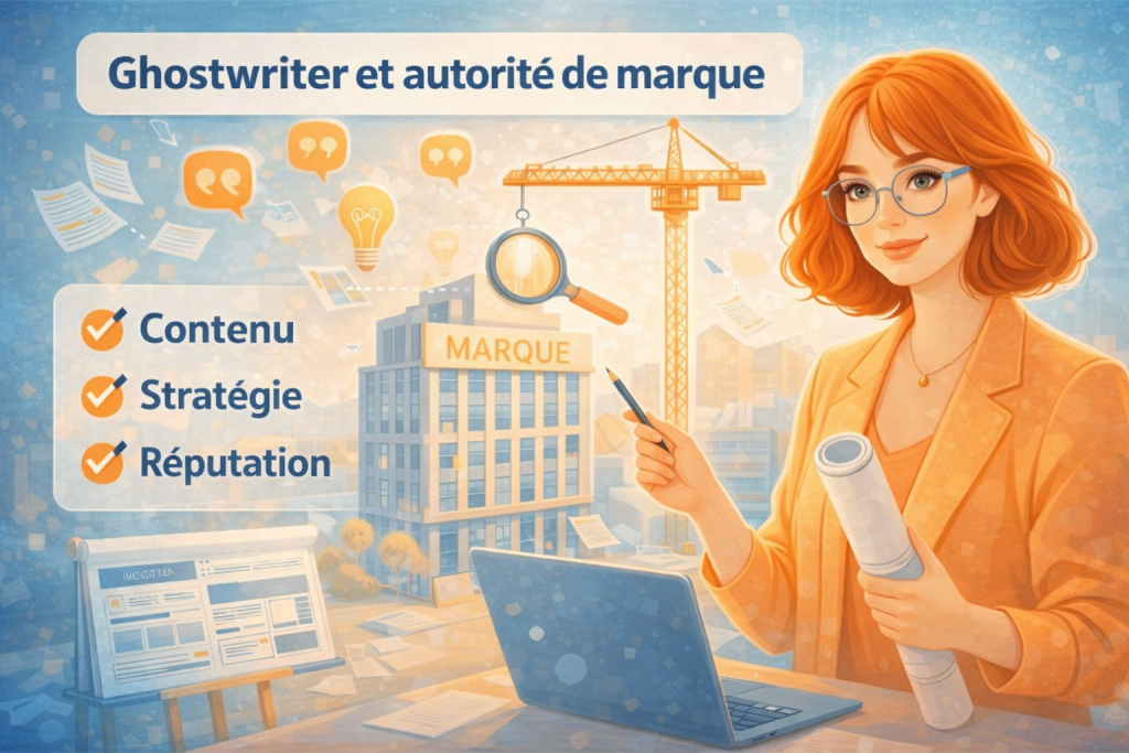 Illustration professionnelle reprĂ©sentant le travail dâun ghostwriter : structuration dâidĂ©es, stratĂ©gie Ă©ditoriale et construction de lâautoritĂ© de marque.